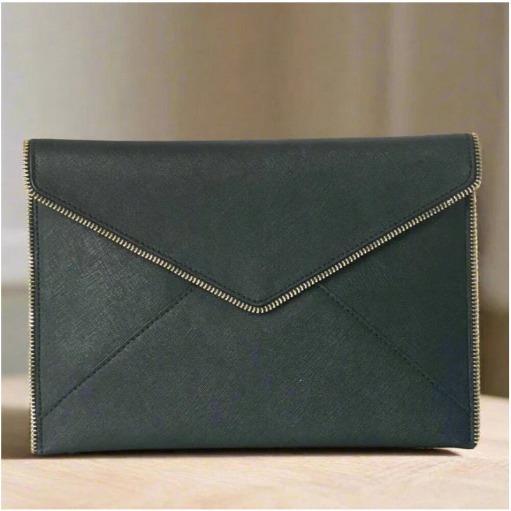 Rebecca Minkoff Leo Envelope Clutch Black Leather Slim Wavy Zipper Trim Snap